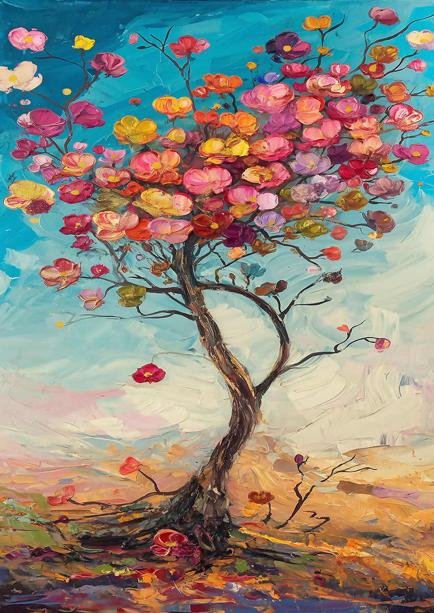 Vibrant artwork of tree flowers blooming with a clear blue sky backdrop.